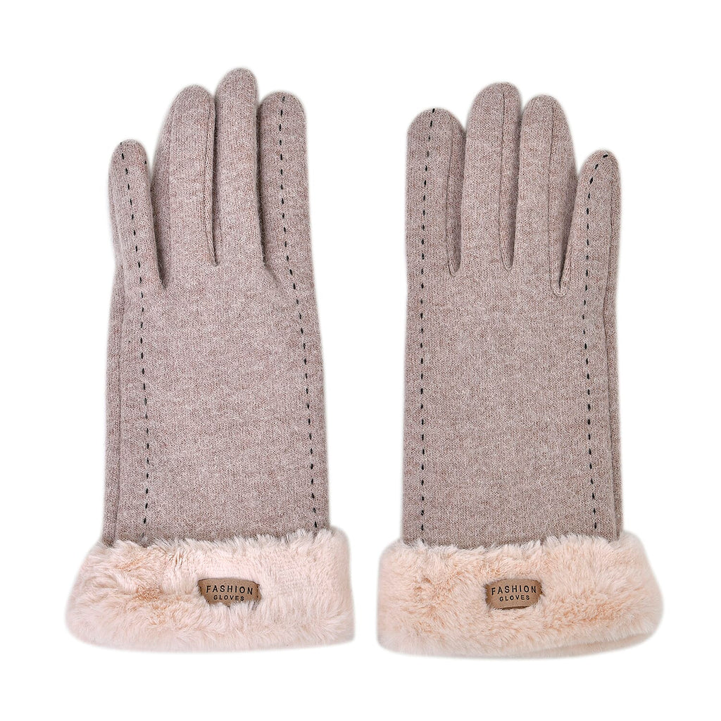 Cashmere Double Layer Gloves with Warm Fleece Interior & Faux Fur Trim (Touch Screen Usable)- Beige