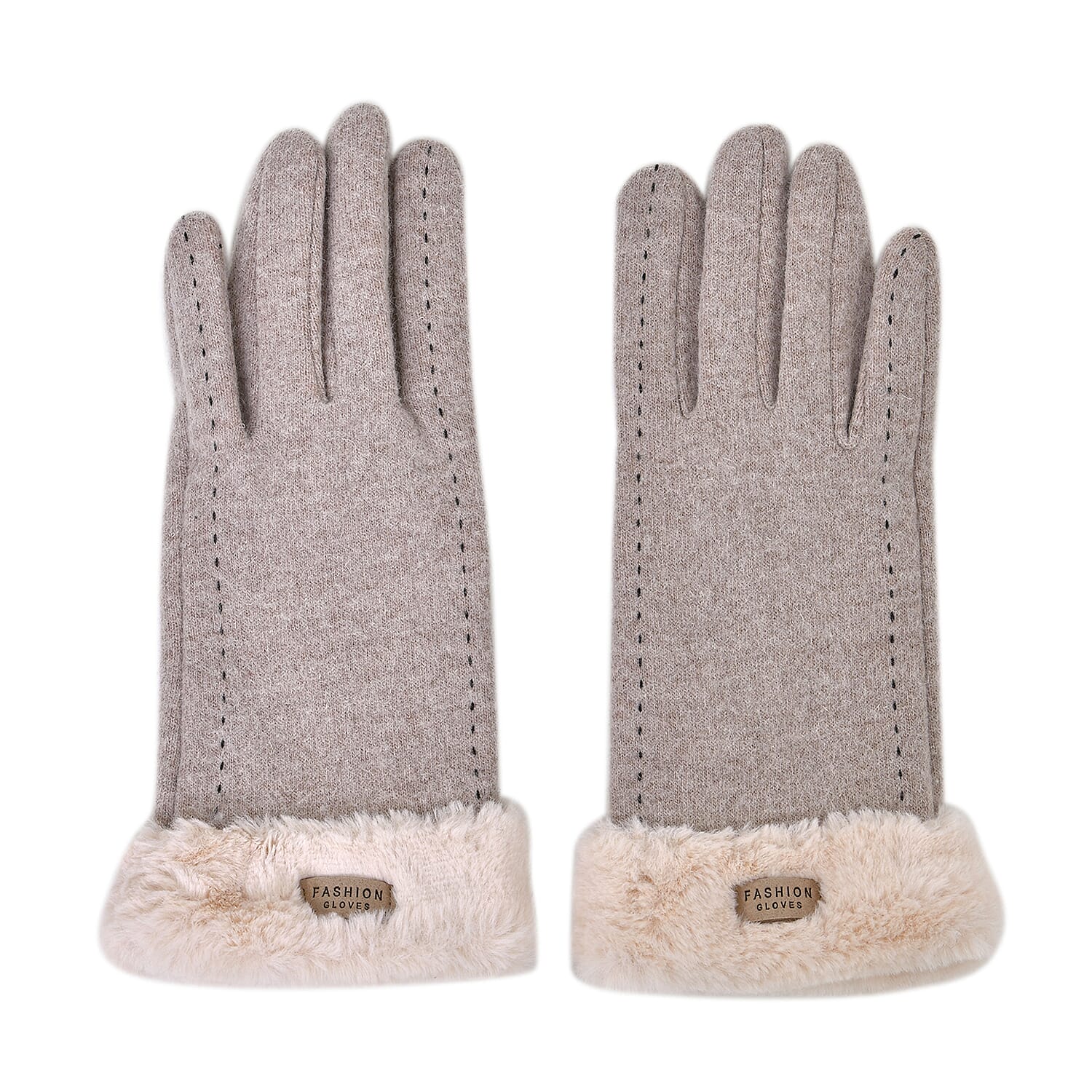 Cashmere Double Layer Gloves with Warm Fleece Interior &amp; Faux Fur Trim (Touch Screen Usable)- Beige 7621000 0