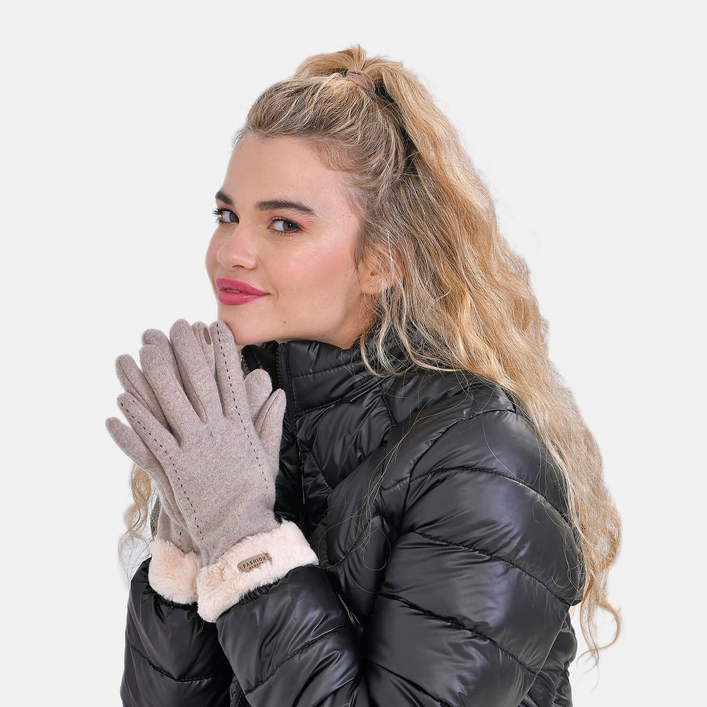 Cashmere Double Layer Gloves with Warm Fleece Interior & Faux Fur Trim (Touch Screen Usable)- Beige