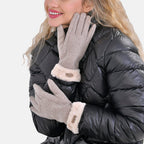 Cashmere Double Layer Gloves with Warm Fleece Interior & Faux Fur Trim (Touch Screen Usable)- Beige