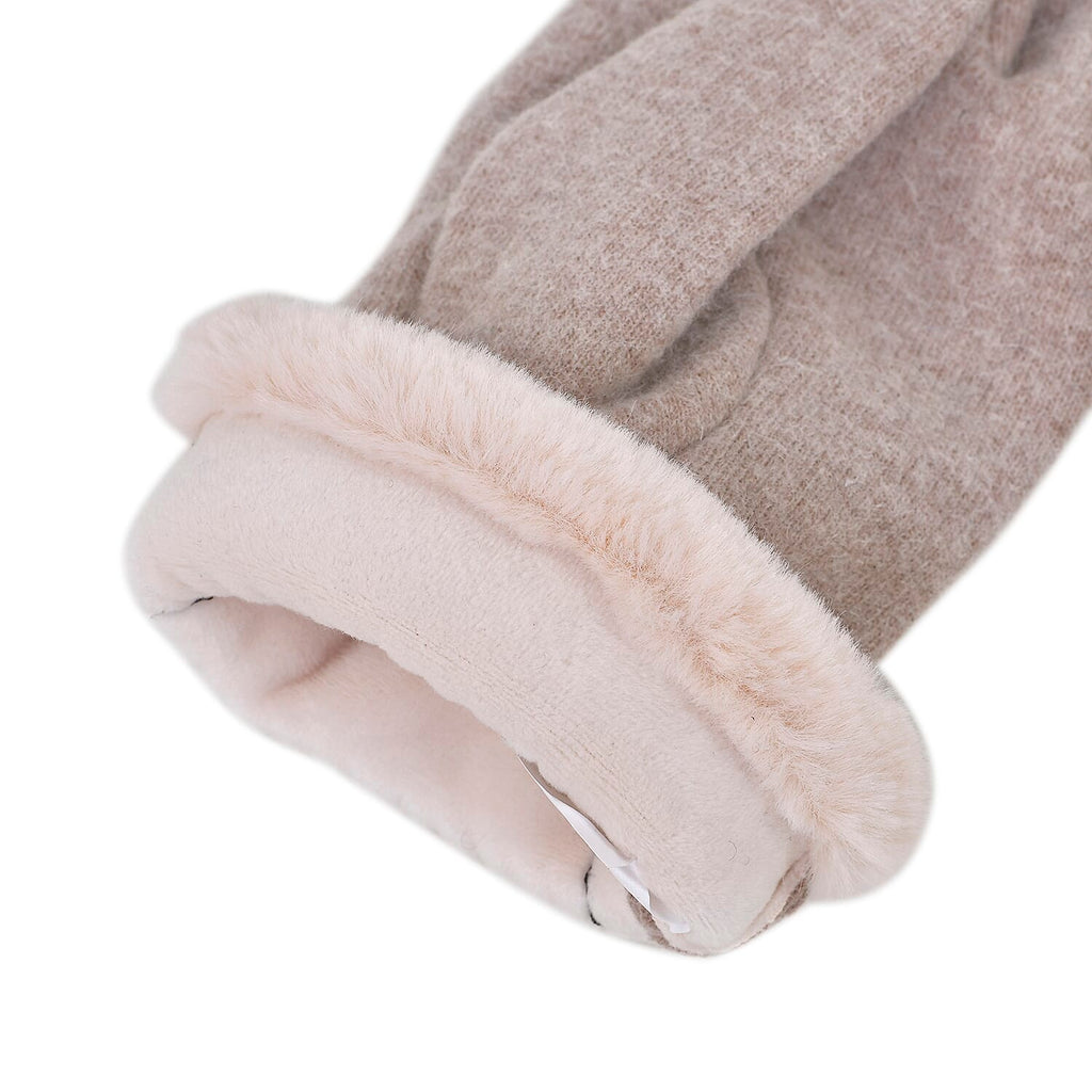 Cashmere Double Layer Gloves with Warm Fleece Interior & Faux Fur Trim (Touch Screen Usable)- Beige
