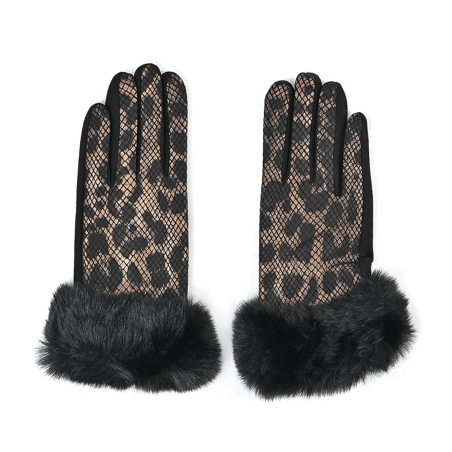 Snakeskin Pattern Gloves with Faux Fur Cuff 7592074 0