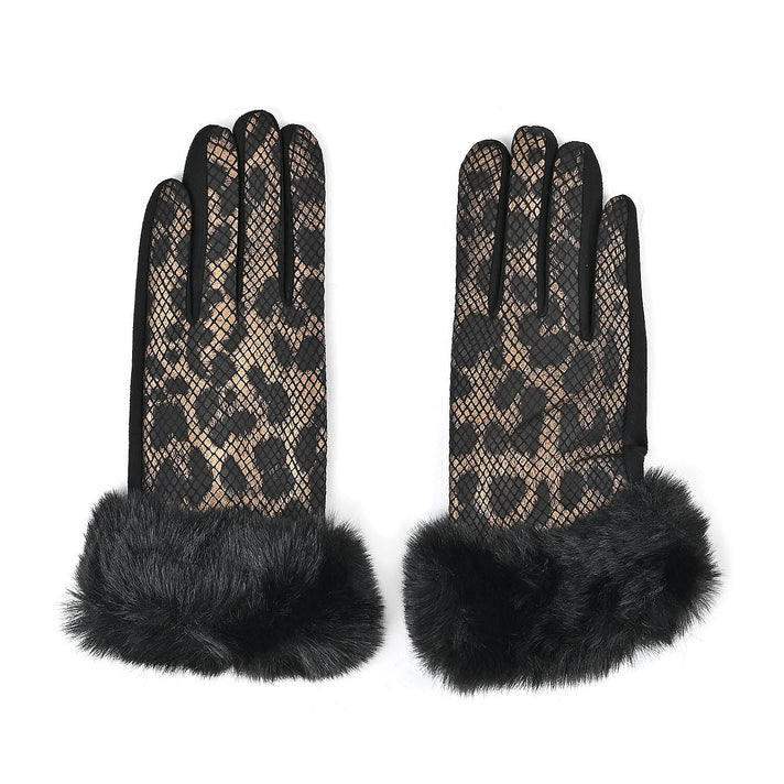 Snakeskin Pattern Gloves with Faux Fur Cuff 7592074 1
