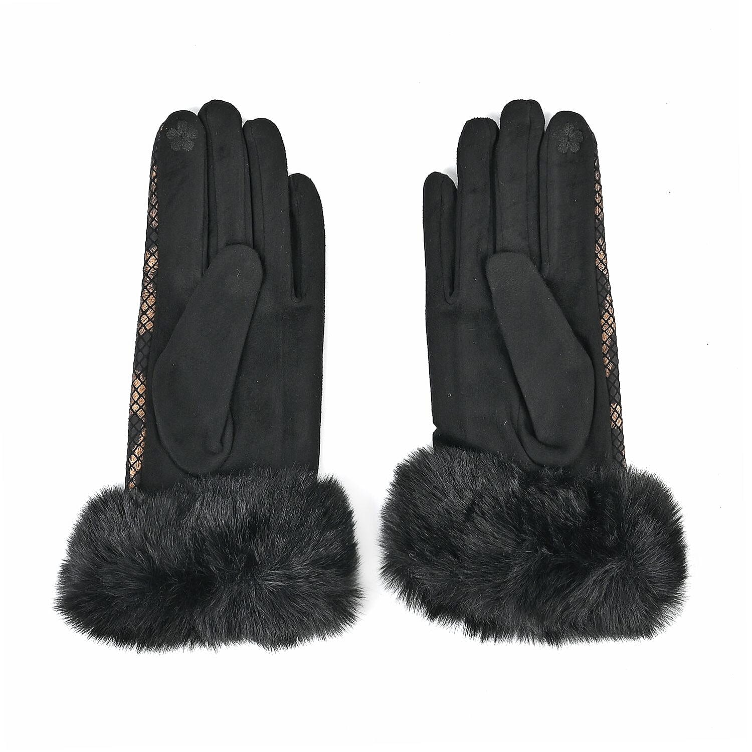 Snakeskin Pattern Gloves with Faux Fur Cuff 7592074 1