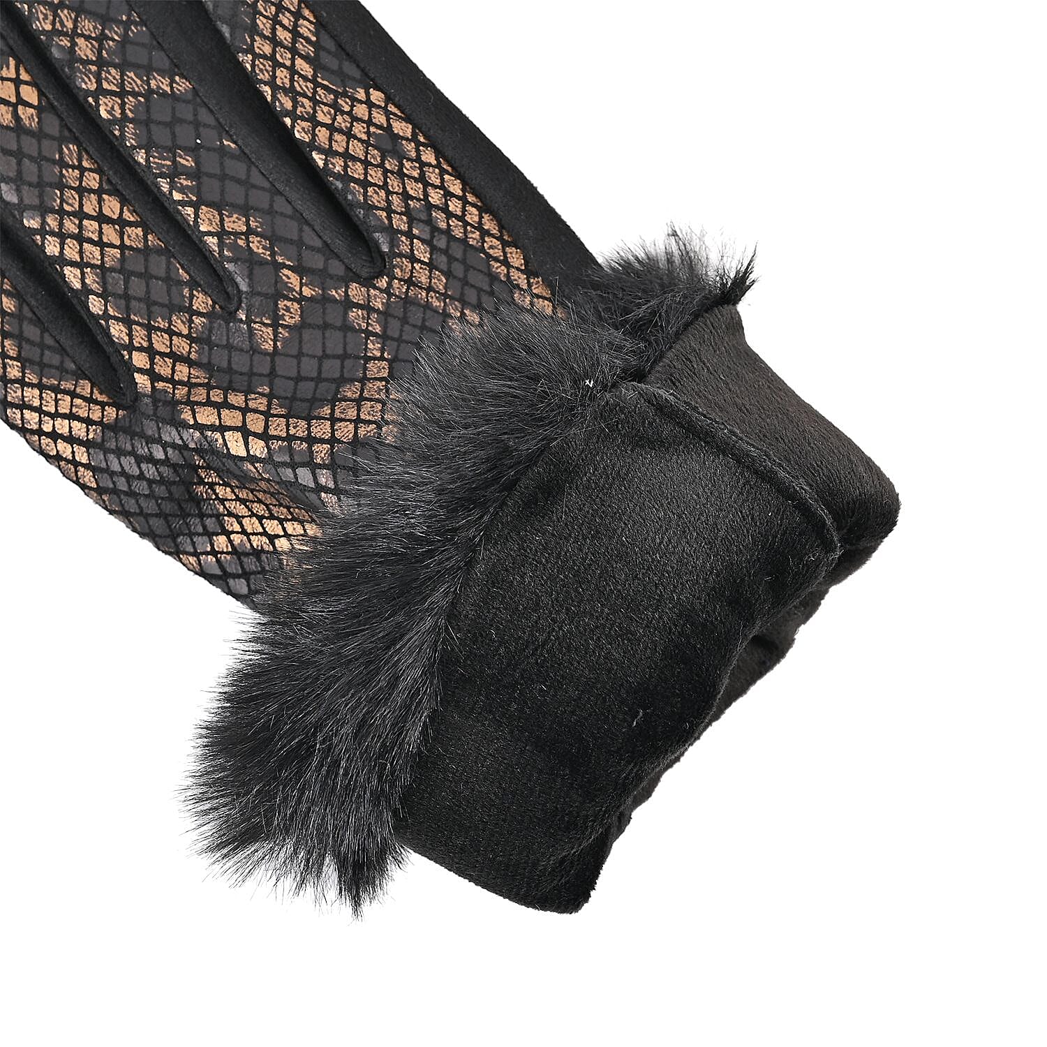 Snakeskin Pattern Gloves with Faux Fur Cuff 7592074 4