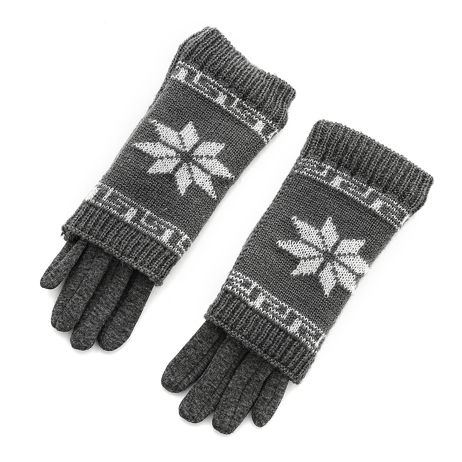 Two-in-One 5-finger Gloves and Fingerless Gloves - Grey 8206545 5