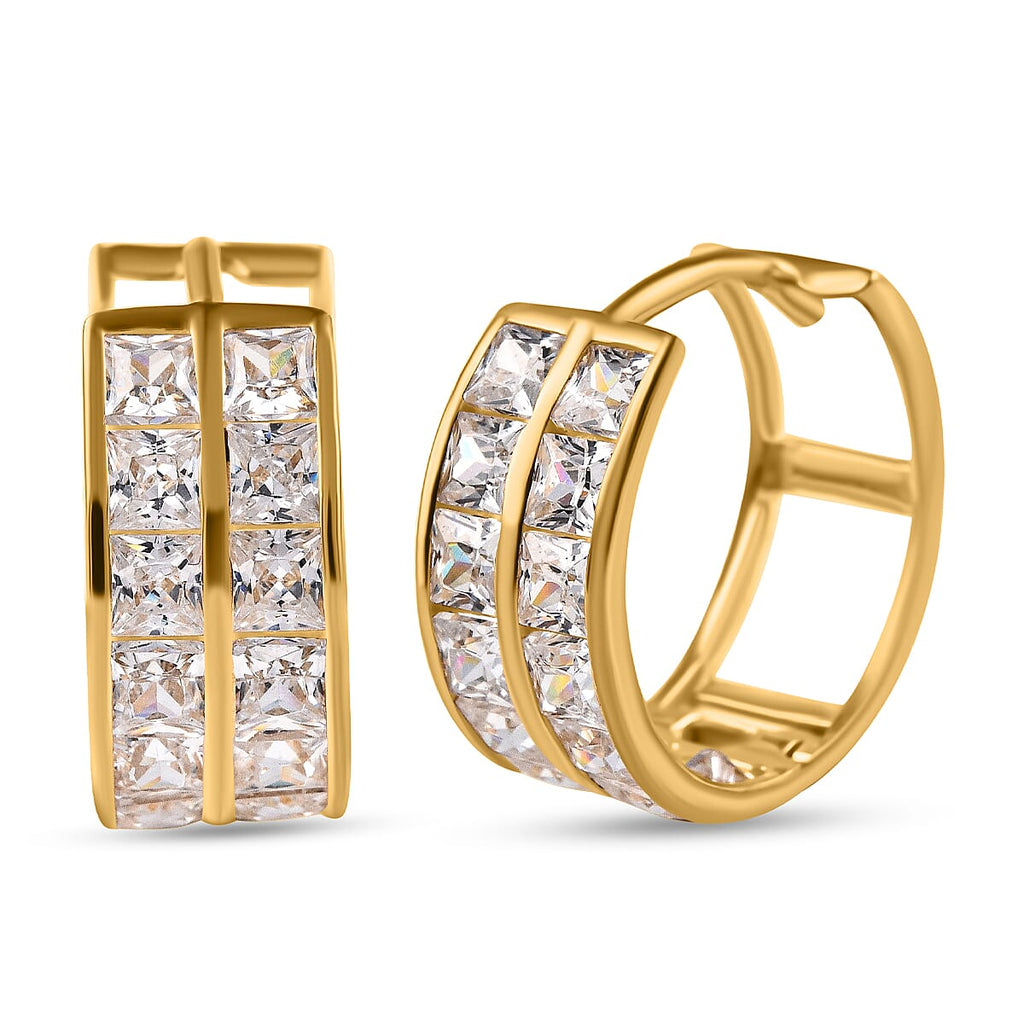 9K Yellow Gold Simulated Diamond Double Row Huggie Earrings (with Clasp)