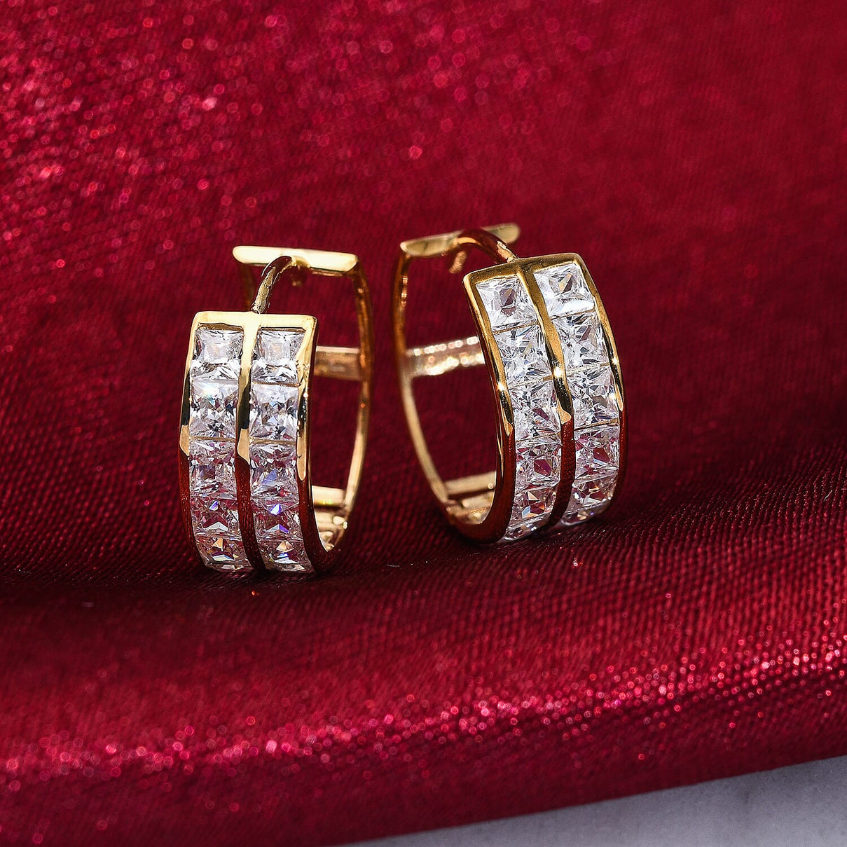 Gold Cubic Zirconia Double Row Design Huggie Earrings in 9K Yellow 6883474 1