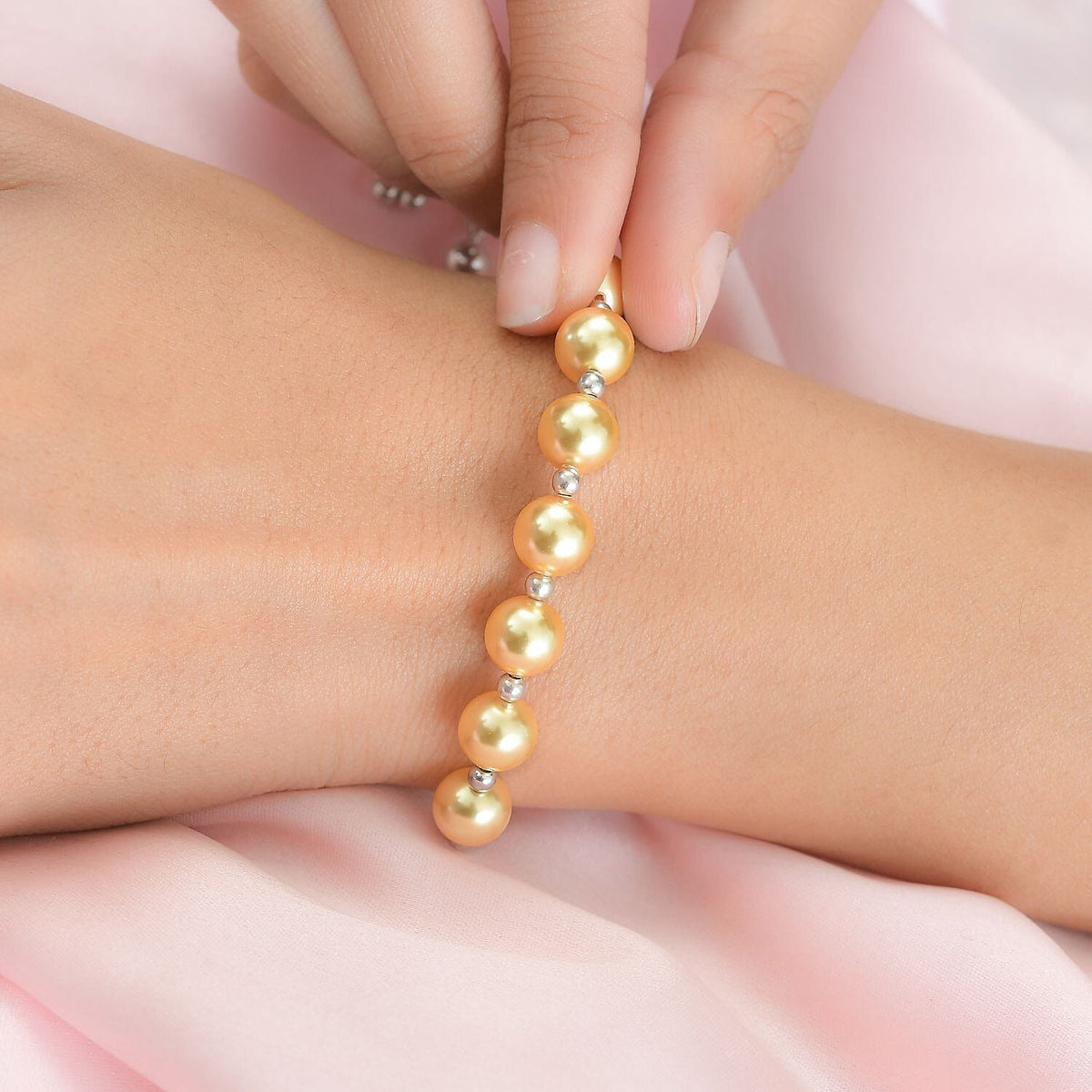 Gold Pearl Finest Austrian Crystal Beads Adjustable Bracelet (Size - 7.5) in Platinum Overlay Sterling Silver 7658018 2