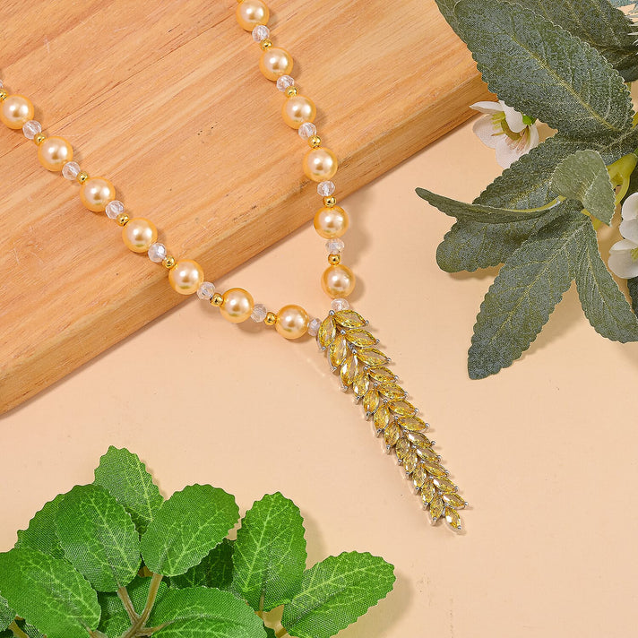 Designer Closeout - Golden Colour Shell Pearl, Gold Cubic Zirconia and Crystal Necklace (Size 20-22) 7754476 2