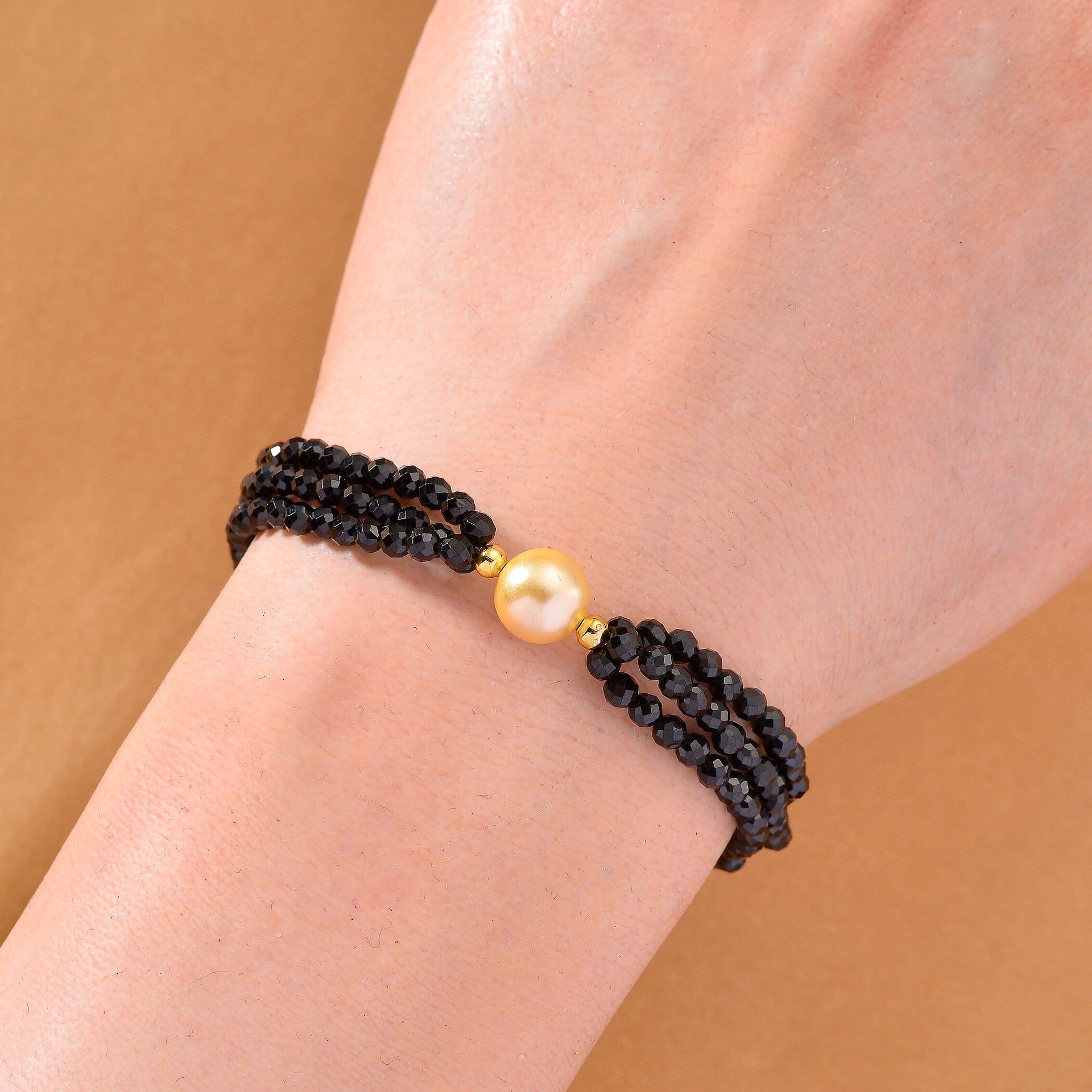 Golden Fresh Water Pearl &amp; Black Spinel Beads Bracelet (Size 8) with Magnetic Lock in Yellow Gold Plated 45.00 Ct. 8243814 3
