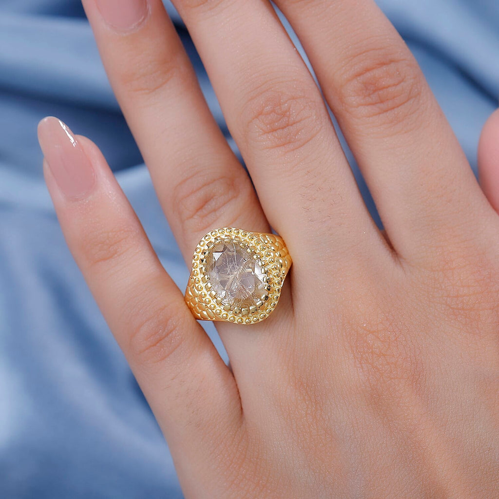 Natural Golden Rutilated Quartz Vintage Ring  Ct 5.34