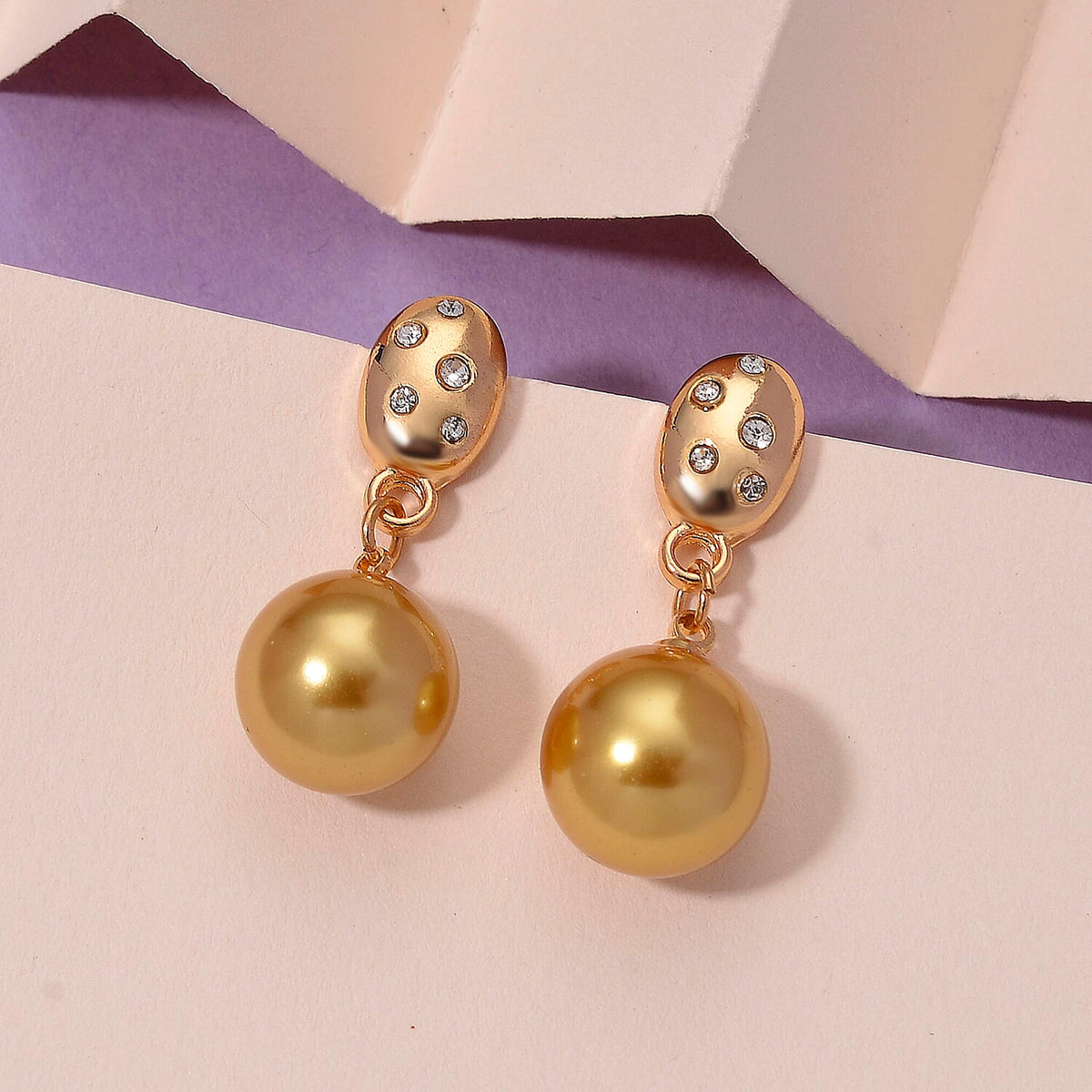 Golden Shell Pearl &amp; Austrian White Crystal Earring with Push Back in Yellow Gold Plated 30.20 Ct. V32734234 4