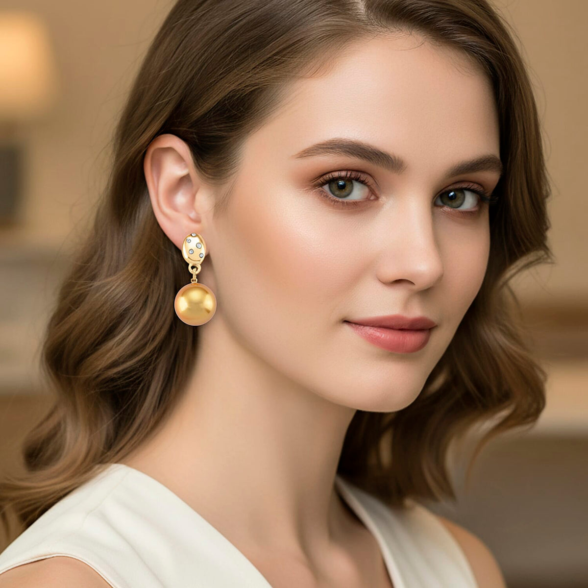 Golden Shell Pearl &amp; Austrian White Crystal Earring with Push Back in Yellow Gold Plated 30.20 Ct. V32734234 6