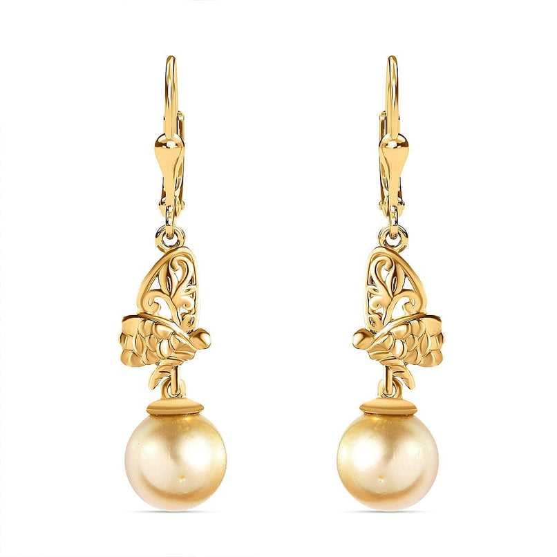 Golden South Sea Pearl Dangle Earrings in 18K Vermeil Yellow Gold Plated Sterling Silver