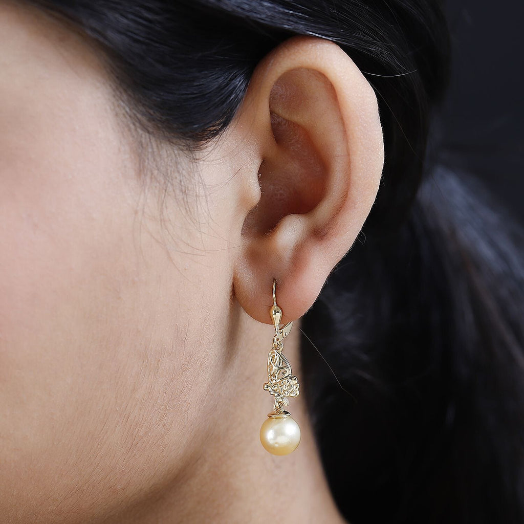 Golden South Sea Pearl Dangle Earrings in 18K Vermeil Yellow Gold Plated Sterling Silver
