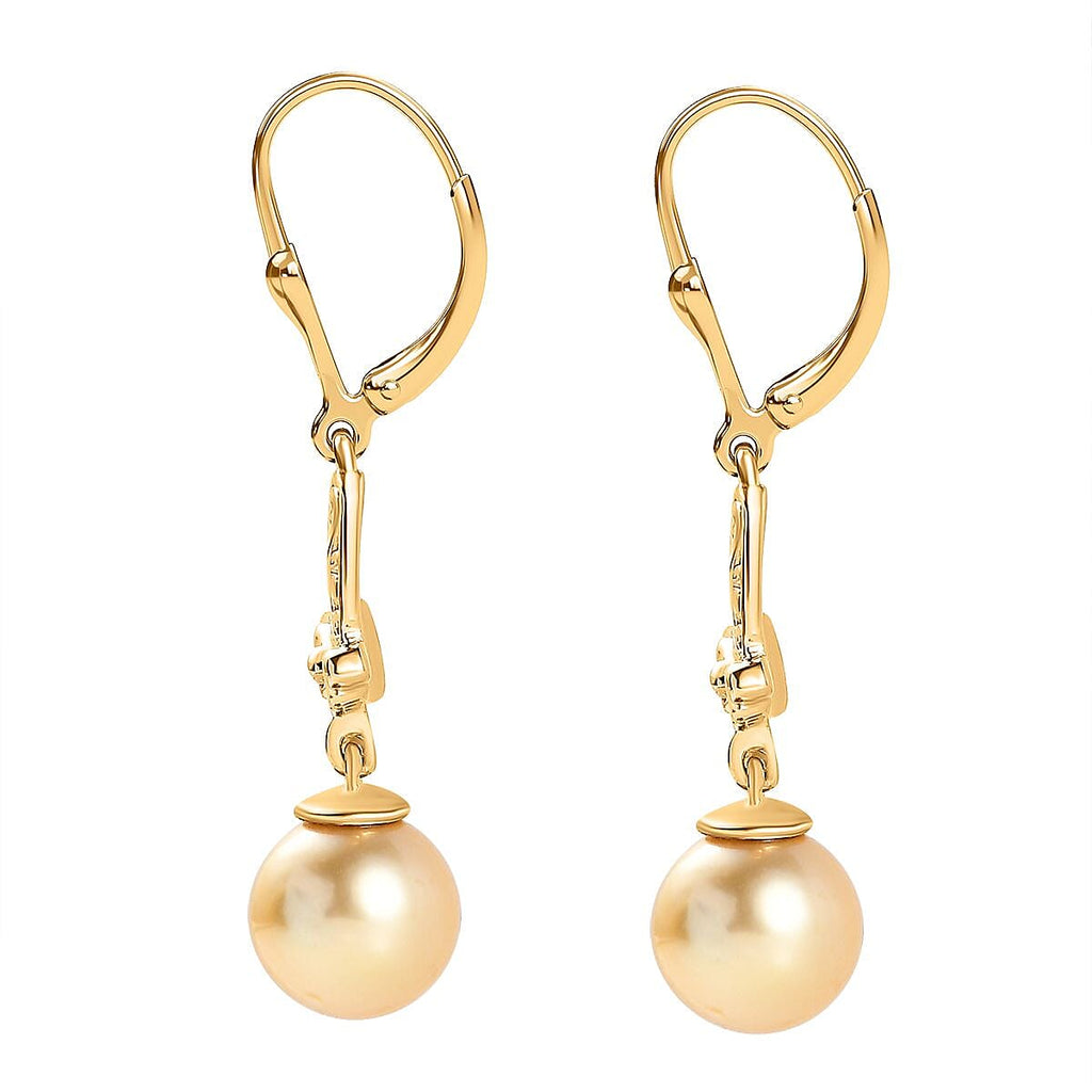 Golden South Sea Pearl Dangle Earrings in 18K Vermeil Yellow Gold Plated Sterling Silver