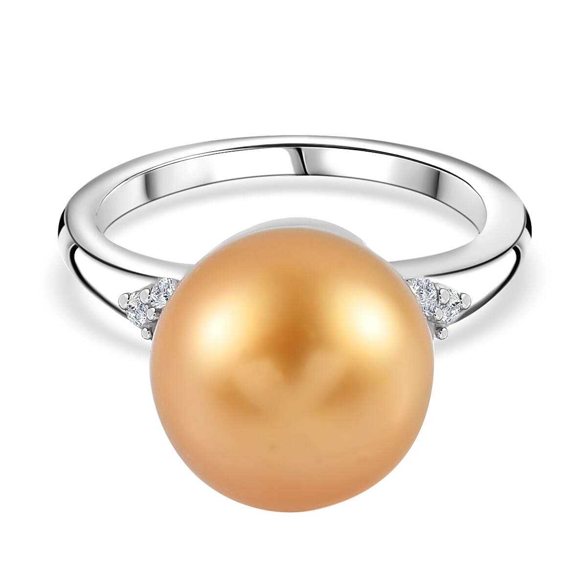 Golden South Sea Pearl Ring with Diamond in Platinum Plated Sterling Silver 3853459 0