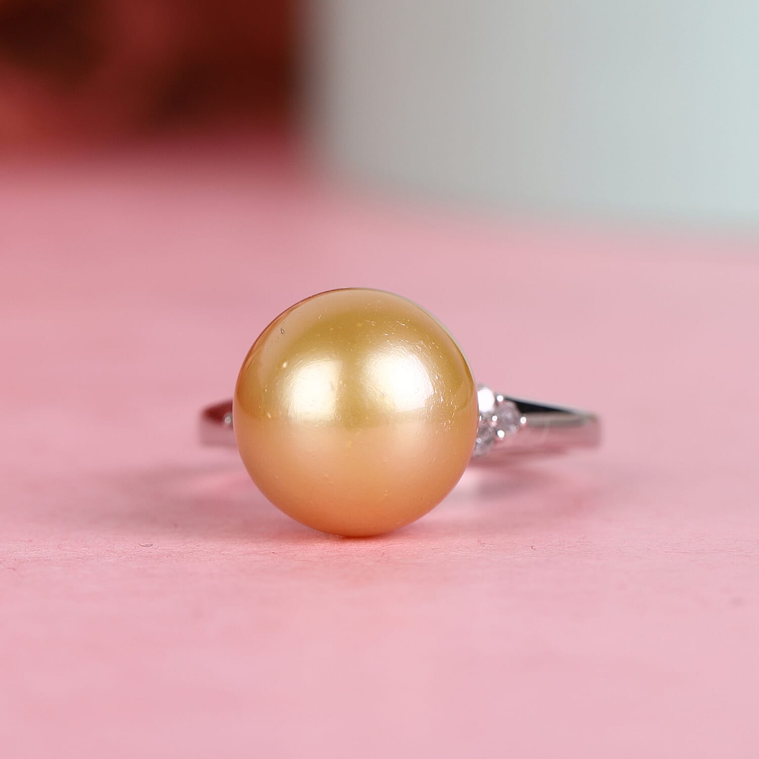 Golden South Sea Pearl Ring with Diamond in Platinum Plated Sterling Silver 3853459 2
