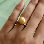 Golden South Sea Pearl and Diamond Ring in Platinum Overlay Sterling Silver