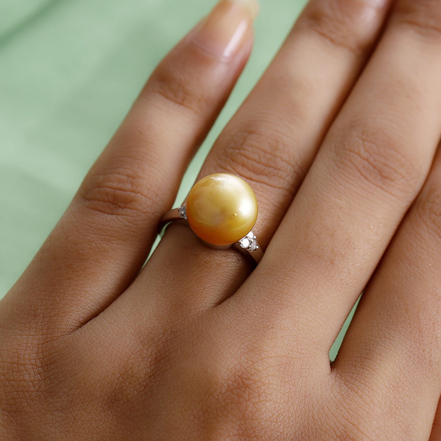 Golden South Sea Pearl Ring with Diamond in Platinum Plated Sterling Silver 3853459 3