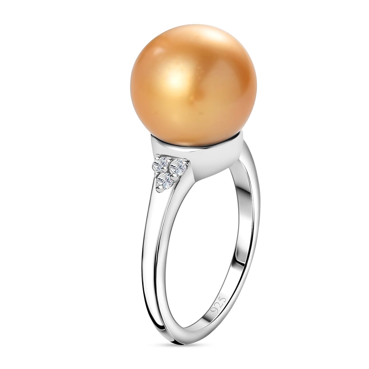 Golden South Sea Pearl Ring with Diamond in Platinum Plated Sterling Silver 3853459 4