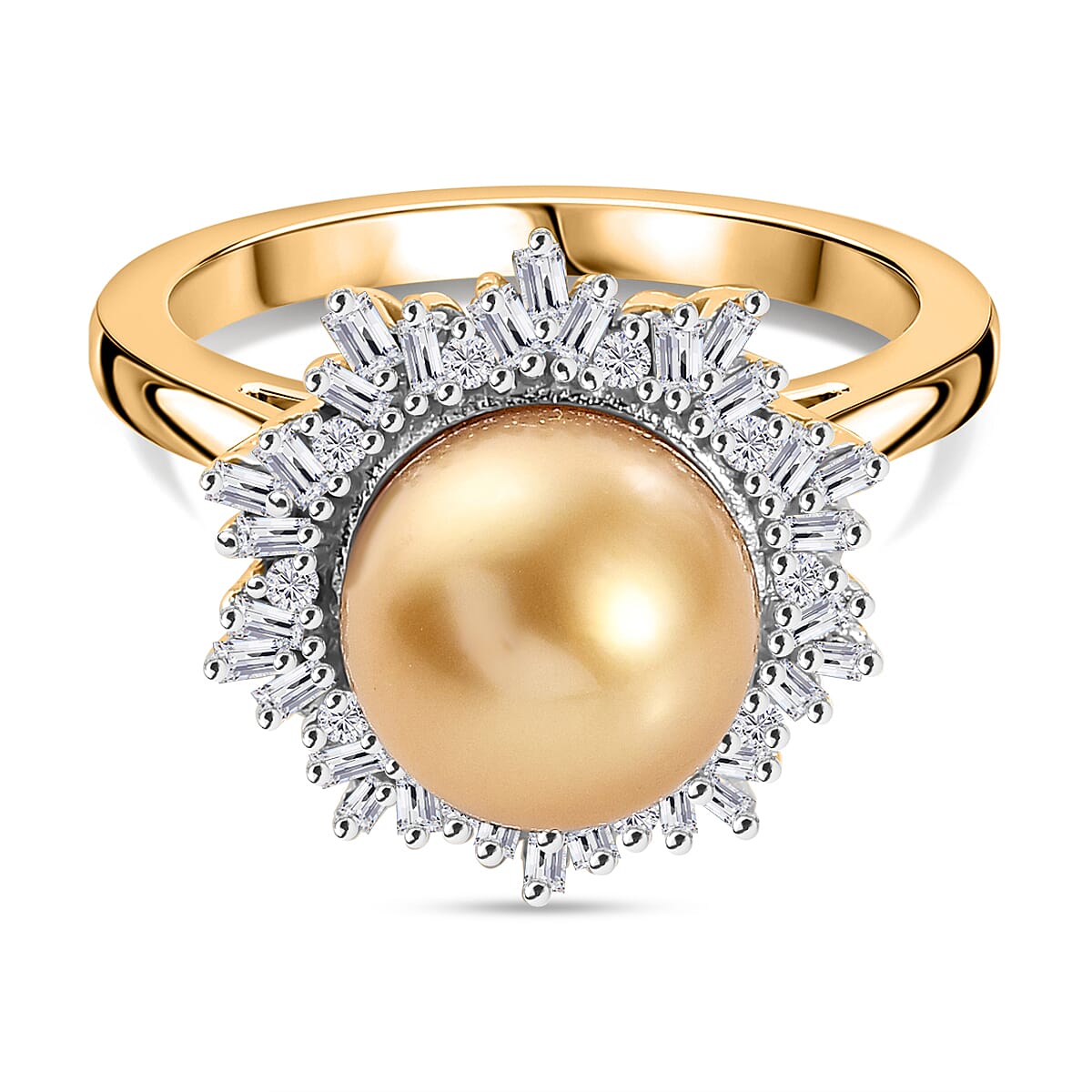 Golden South Sea Pearl and White Diamond Halo Ring in 18K Vermeil Gold Plated Stering Silver 6.83 Ct 7863174 0