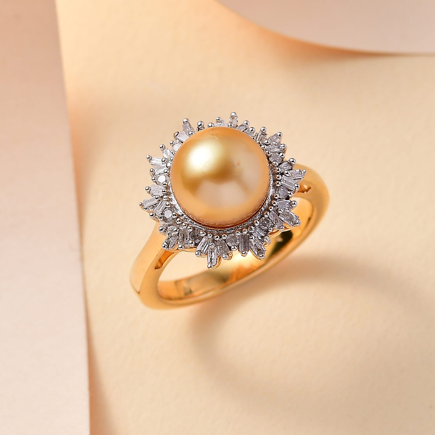 Golden South Sea Pearl and White Diamond Halo Ring in 18K Vermeil Gold Plated Stering Silver 6.83 Ct 7863174 2