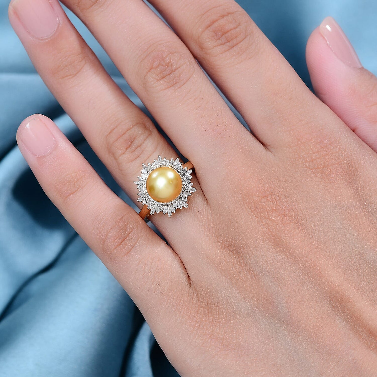 Golden South Sea Pearl and White Diamond Halo Ring in 18K Vermeil Gold Plated Stering Silver 6.83 Ct 7863174 3