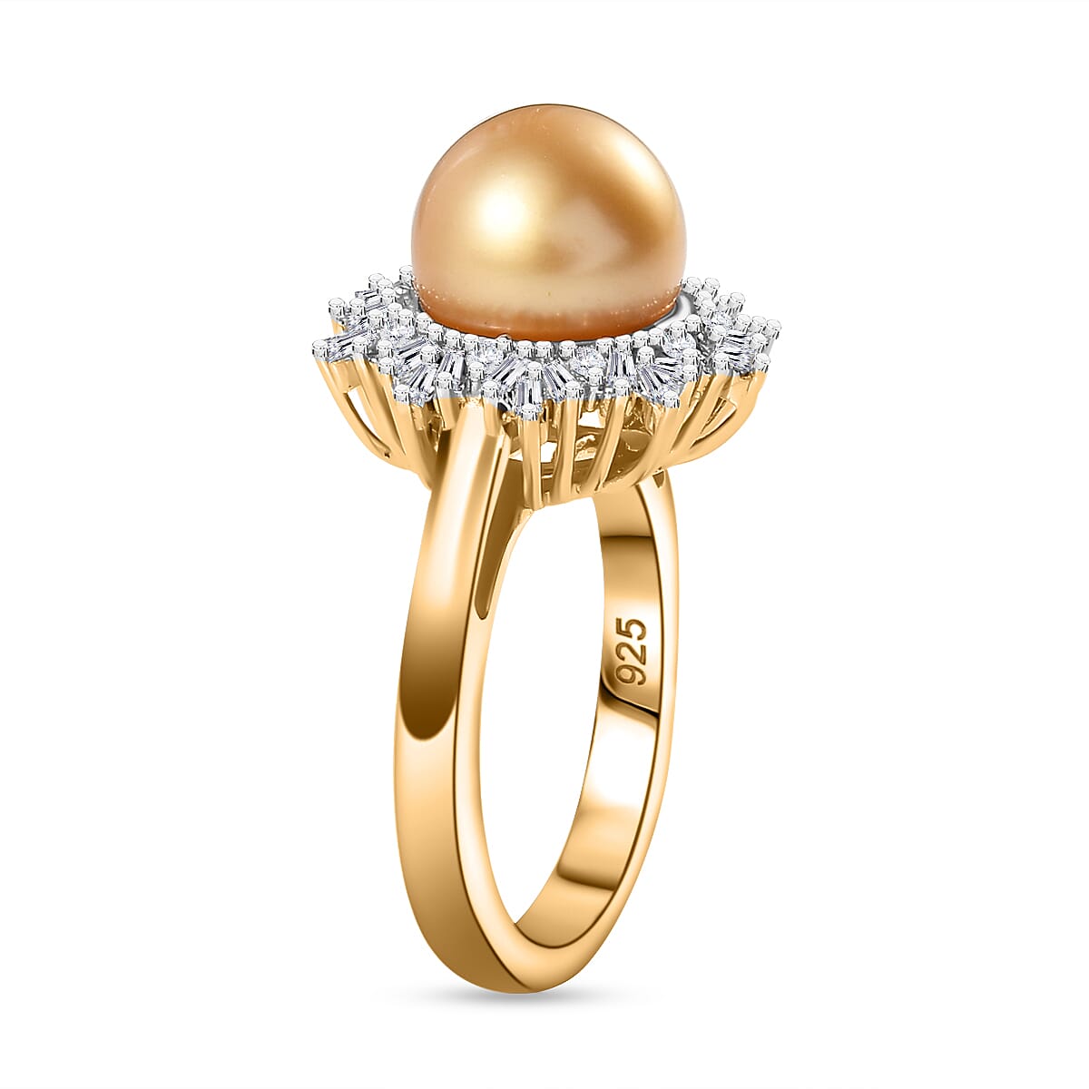 Golden South Sea Pearl and White Diamond Halo Ring in 18K Vermeil Gold Plated Stering Silver 6.83 Ct 7863174 4