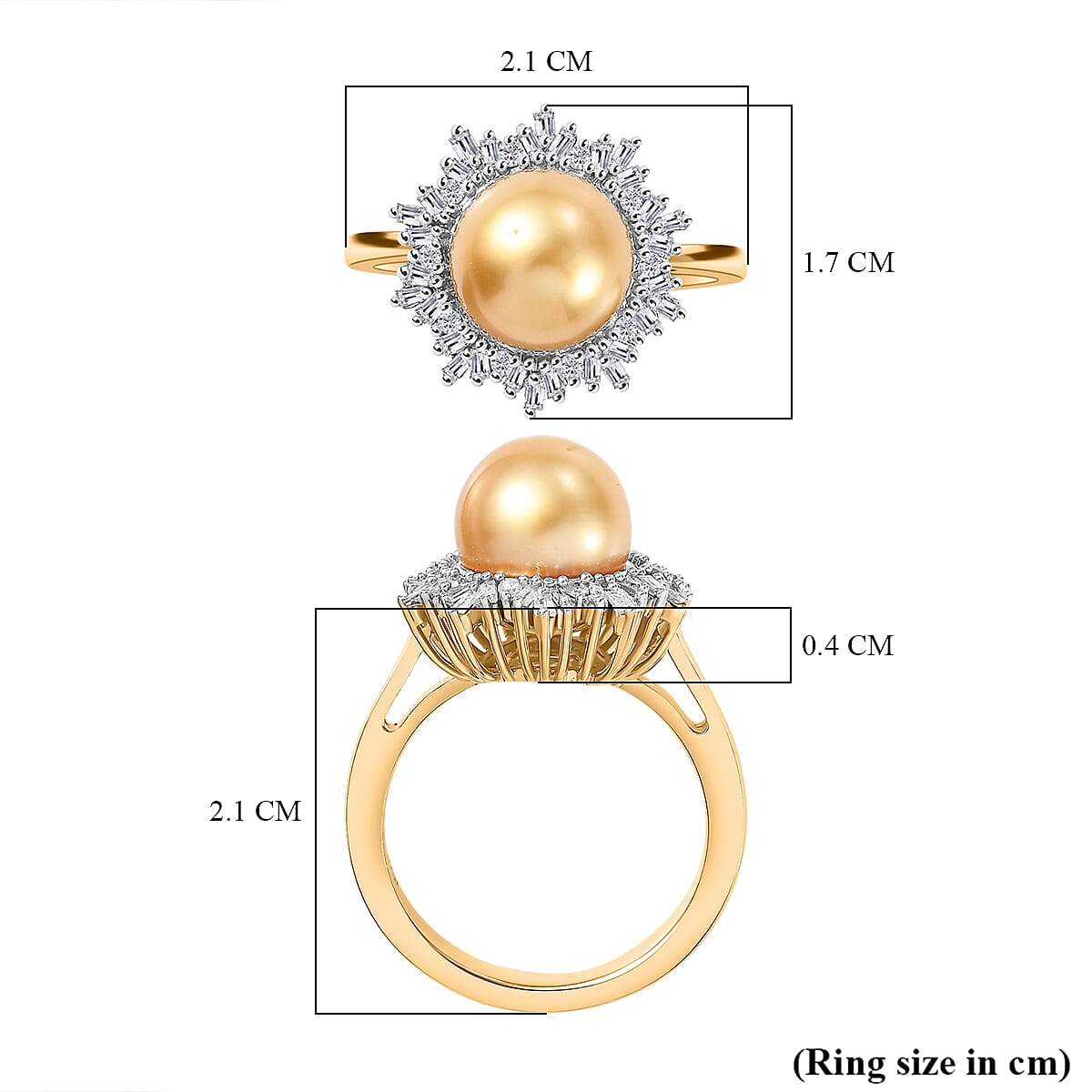 Golden South Sea Pearl and White Diamond Halo Ring in 18K Vermeil Gold Plated Stering Silver 6.83 Ct 7863174 6