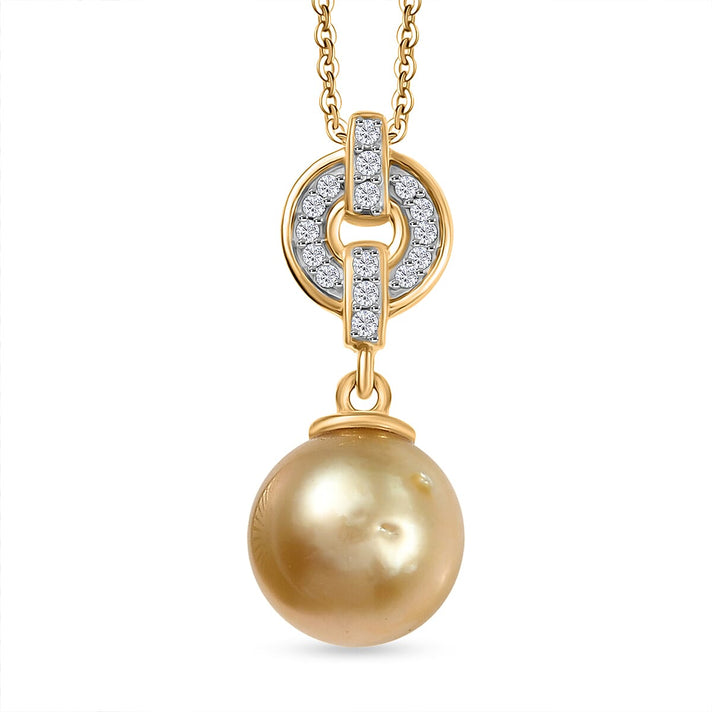 Royal Bali Collection - Golden South Sea Pearl (7-9MM), White Zircon Pendant with Chain (Size 20) in 18K Vermeil Yellow Gold Plated Sterling Silver 5.35 Ct. 4413700 1