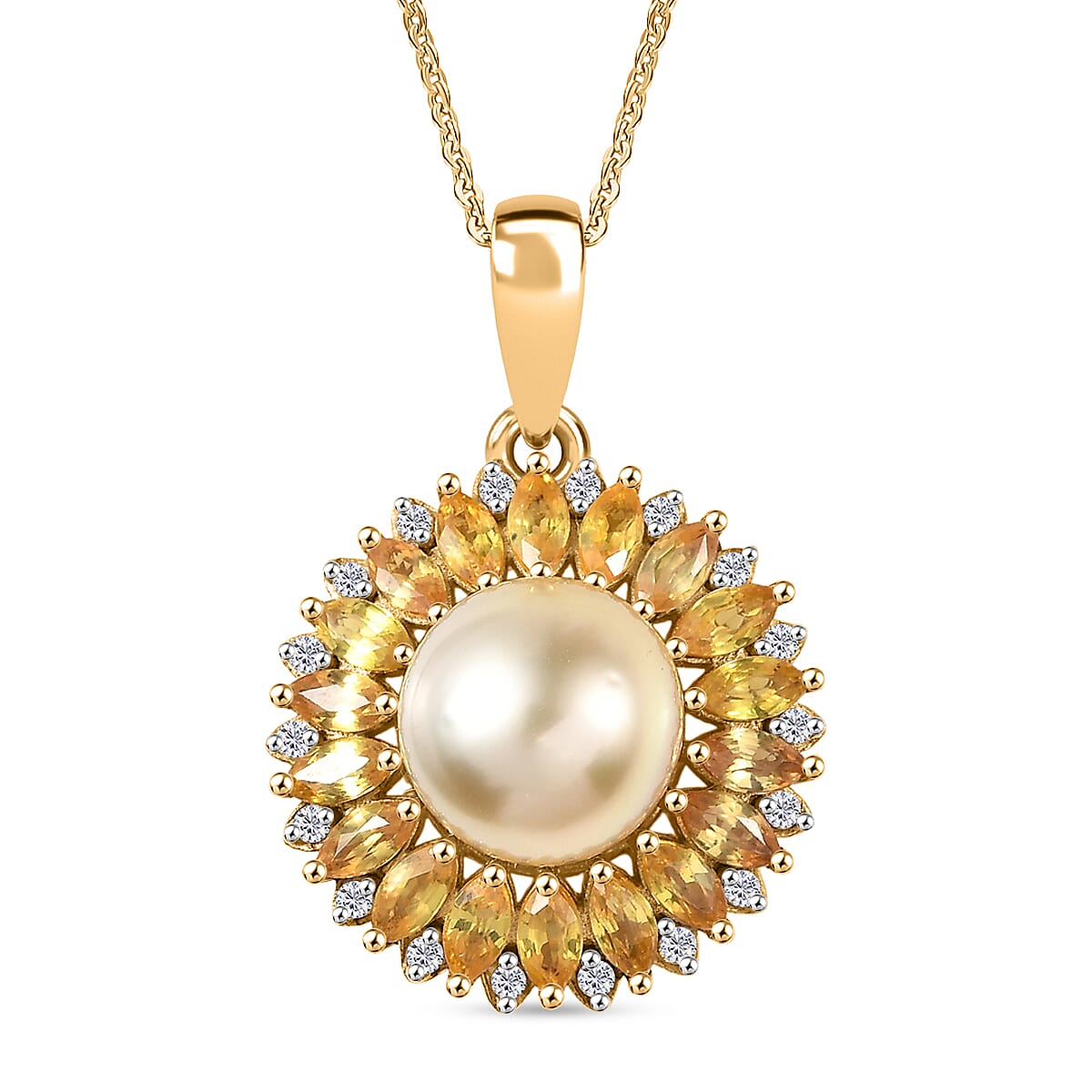 D'Joy Golden South Sea Pearl, Yellow Sapphire and White Zircon Floral Pendant with Chain (Size 20) in 18K Vermeil Yellow Gold Plated Sterling Silver 8.20 Ct. 4417798 0