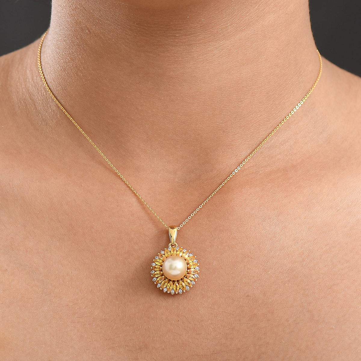 D'Joy Golden South Sea Pearl, Yellow Sapphire and White Zircon Floral Pendant with Chain (Size 20) in 18K Vermeil Yellow Gold Plated Sterling Silver 8.20 Ct. 4417798 2