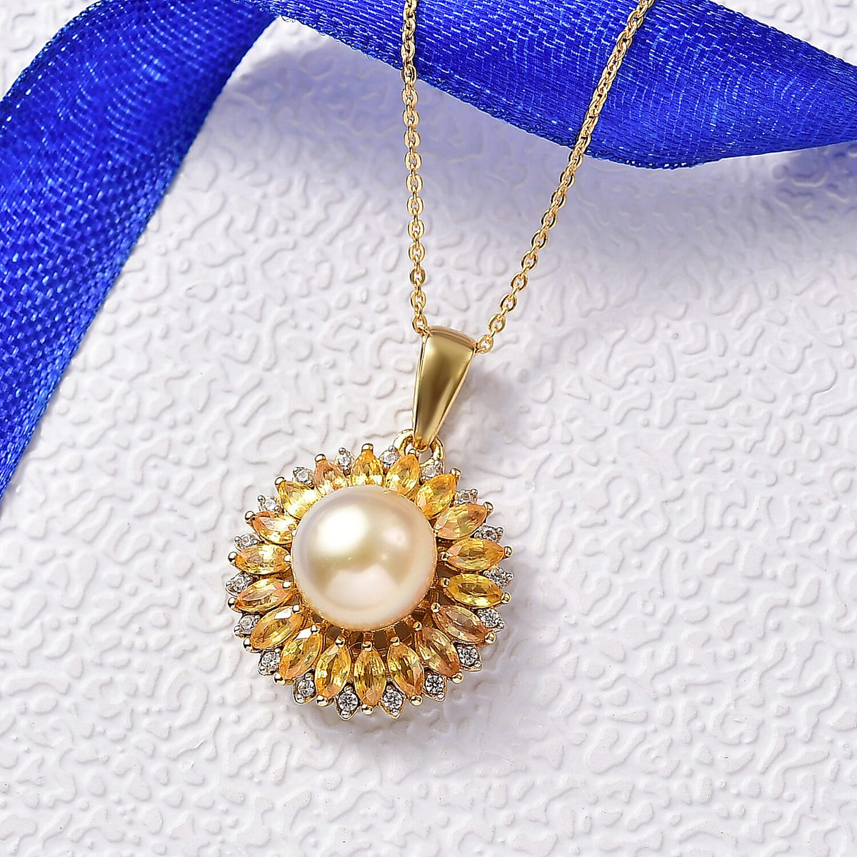 D'Joy Golden South Sea Pearl, Yellow Sapphire and White Zircon Floral Pendant with Chain (Size 20) in 18K Vermeil Yellow Gold Plated Sterling Silver 8.20 Ct. 4417798 3