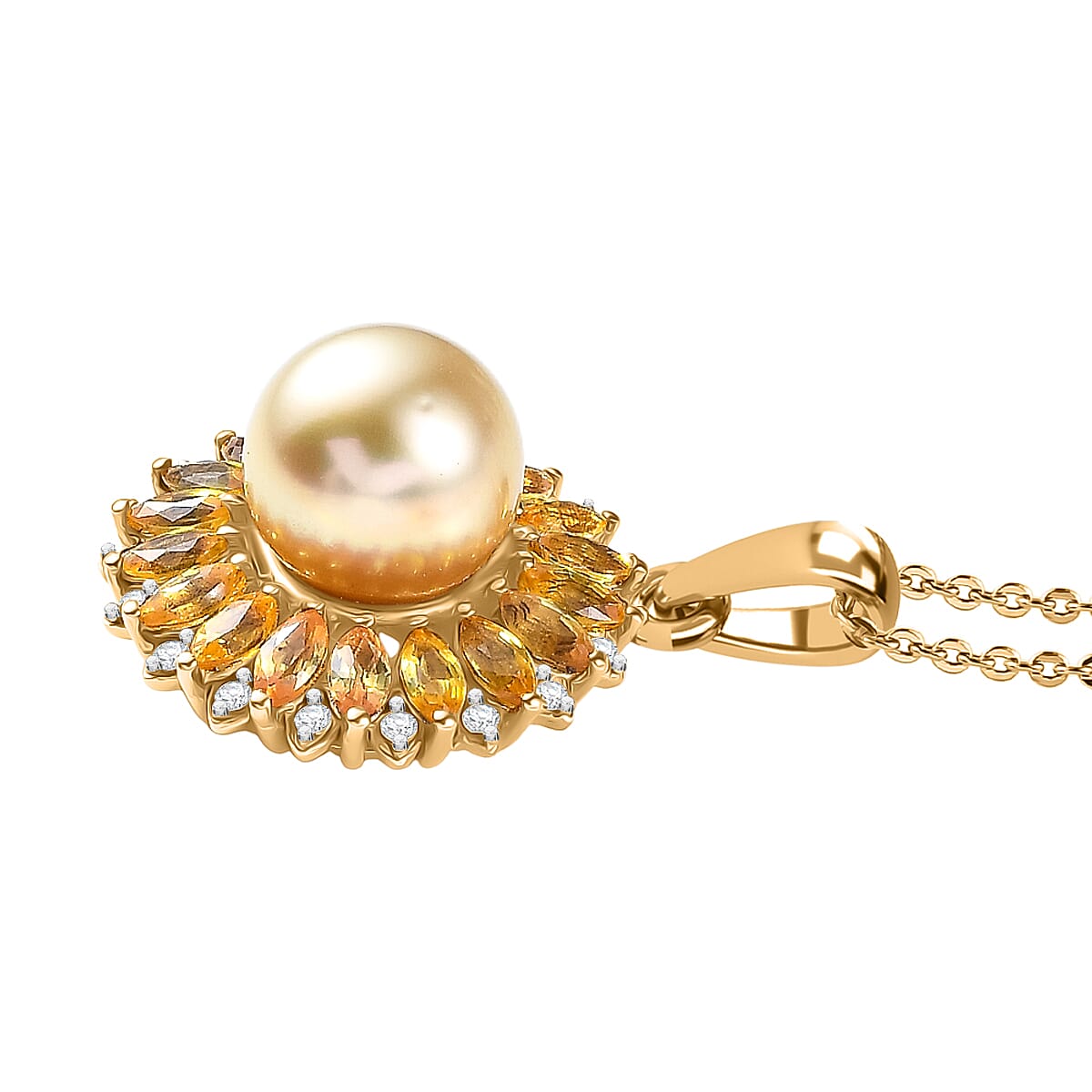D'Joy Golden South Sea Pearl, Yellow Sapphire and White Zircon Floral Pendant with Chain (Size 20) in 18K Vermeil Yellow Gold Plated Sterling Silver 8.20 Ct. 4417798 4