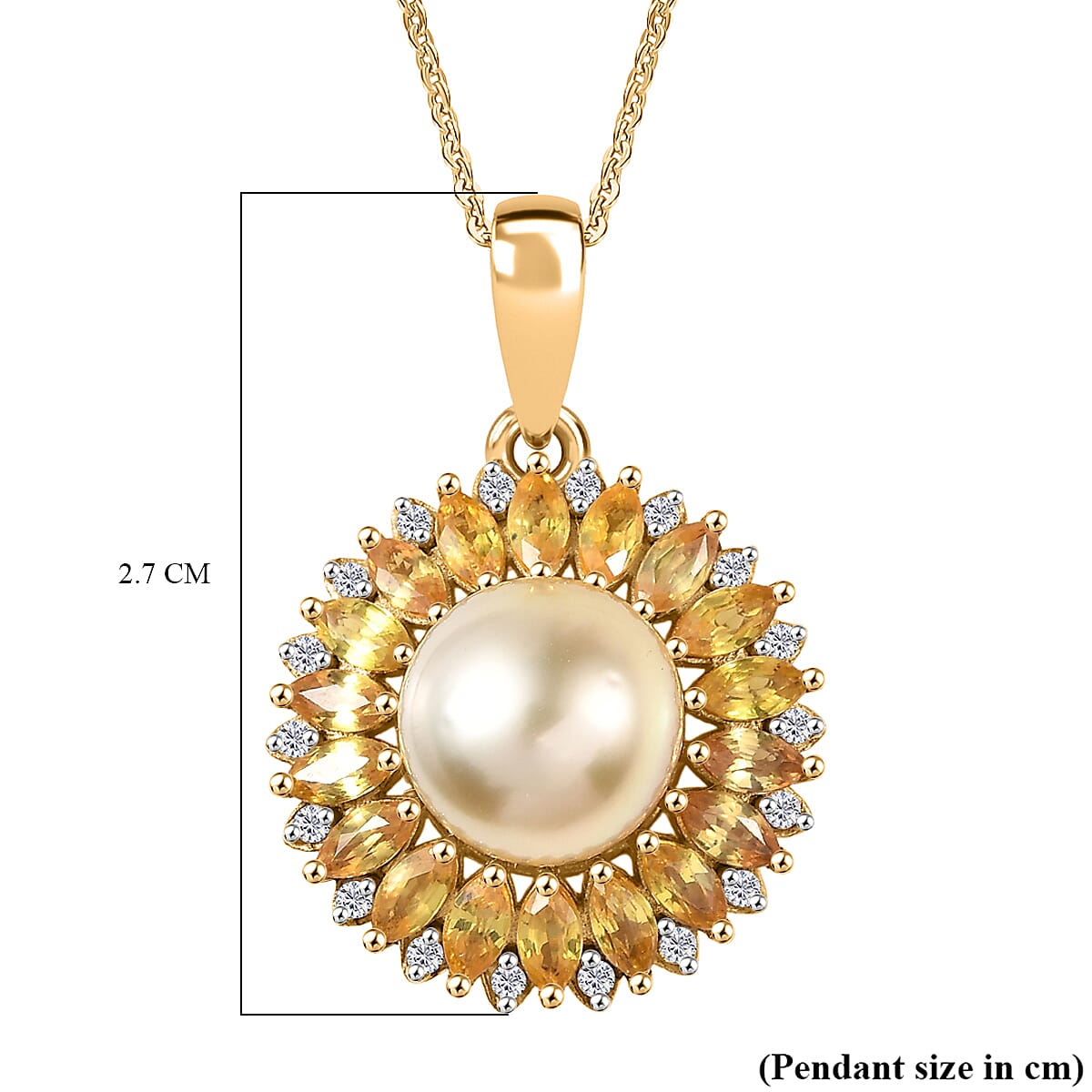 D'Joy Golden South Sea Pearl, Yellow Sapphire and White Zircon Floral Pendant with Chain (Size 20) in 18K Vermeil Yellow Gold Plated Sterling Silver 8.20 Ct. 4417798 7