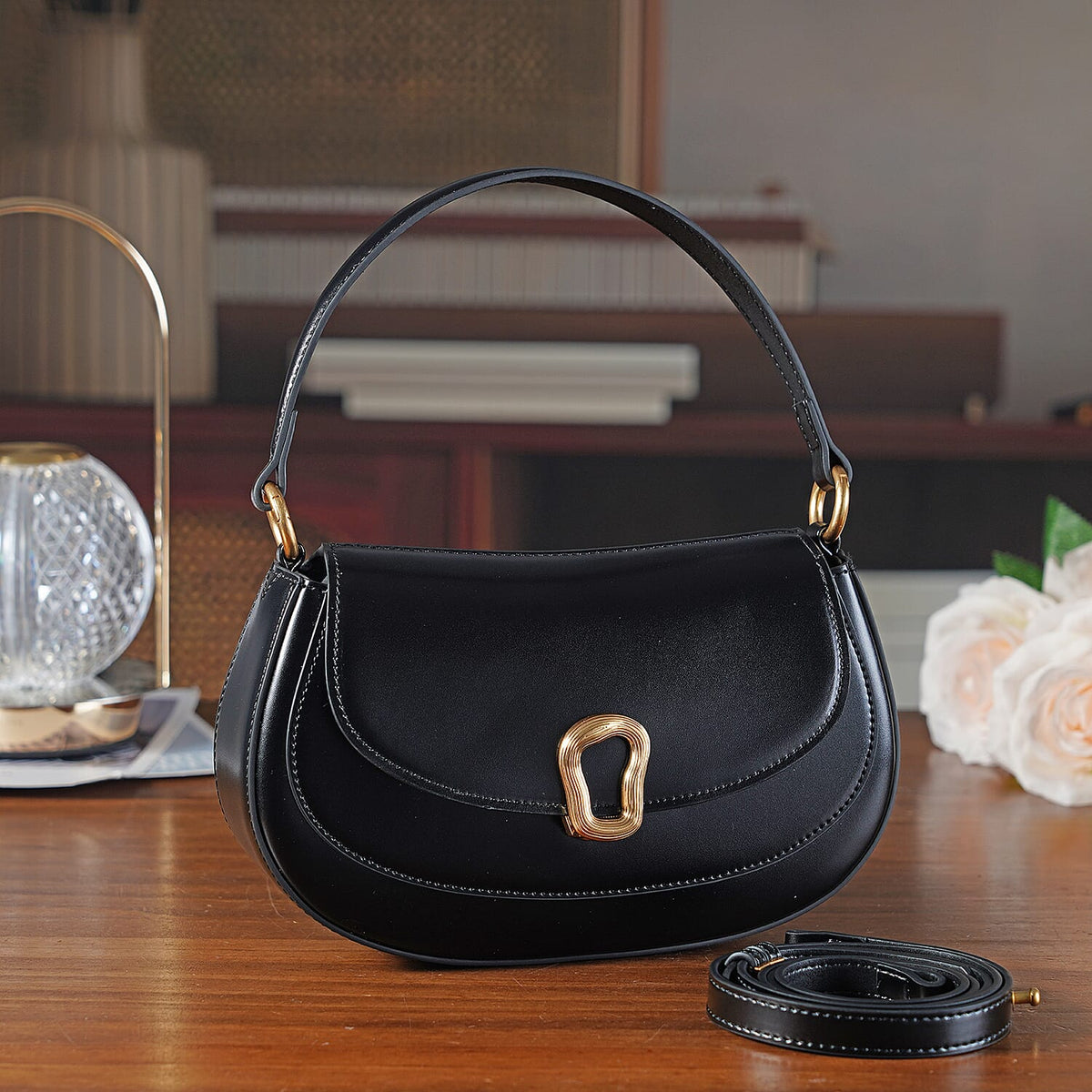 Grand Pelle Genuine Leather Saddle Crossbody Bag - Black 8243642 2