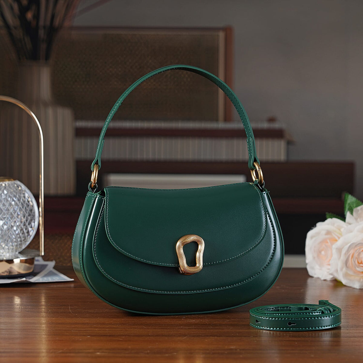 Grand Pelle Genuine Leather Saddle Crossbody Bag - Dark Green V32659153 2