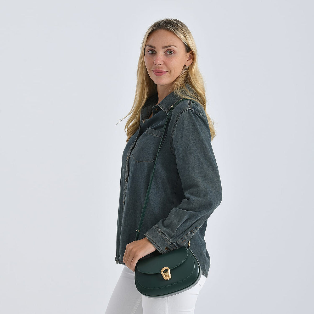 Grand Pelle Genuine Leather Saddle Crossbody Bag - Dark Green V32659153 3
