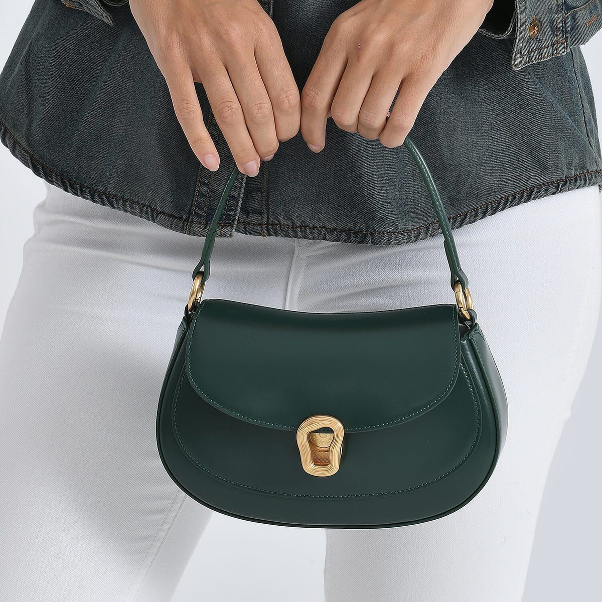 Grand Pelle Genuine Leather Saddle Crossbody Bag - Dark Green V32659153 4