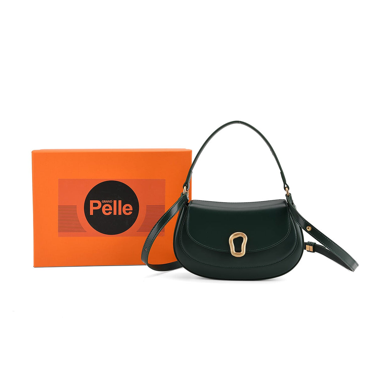 Grand Pelle Genuine Leather Saddle Crossbody Bag - Dark Green V32659153 9