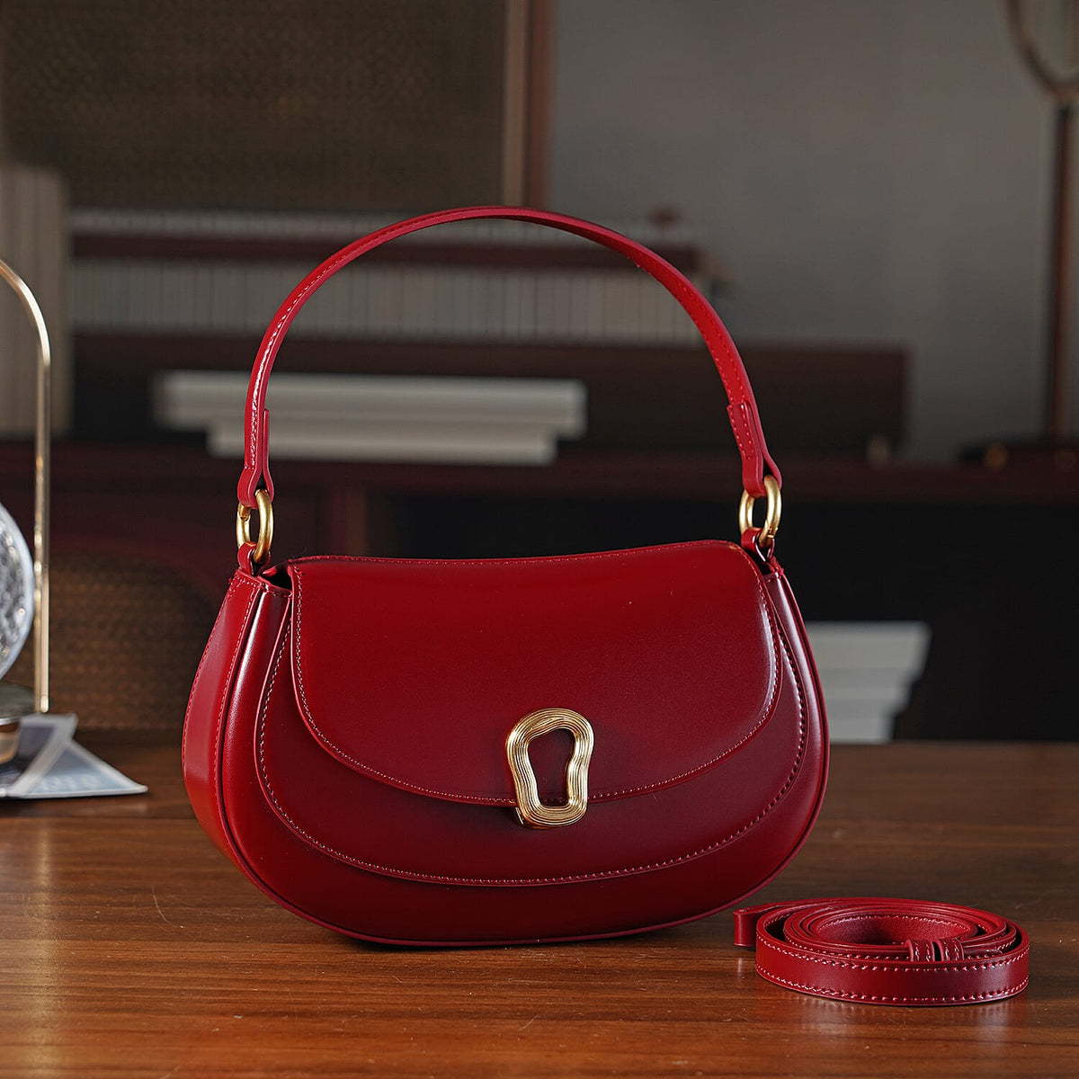 Grand Pelle Genuine Leather Saddle Crossbody Bag - Red V32621396 2