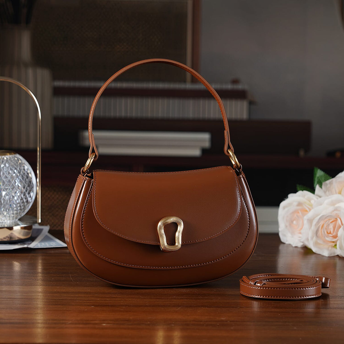 Grand Pelle Genuine Leather Saddle Crossbody Bag - Tan V32515884 2