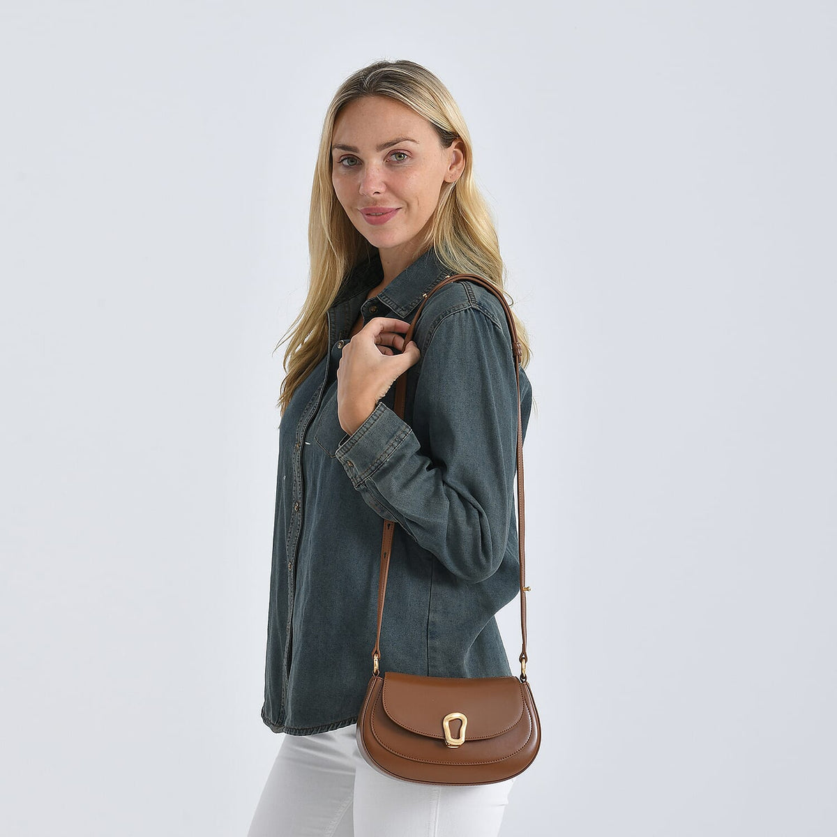 Grand Pelle Genuine Leather Saddle Crossbody Bag - Tan V32515884 3