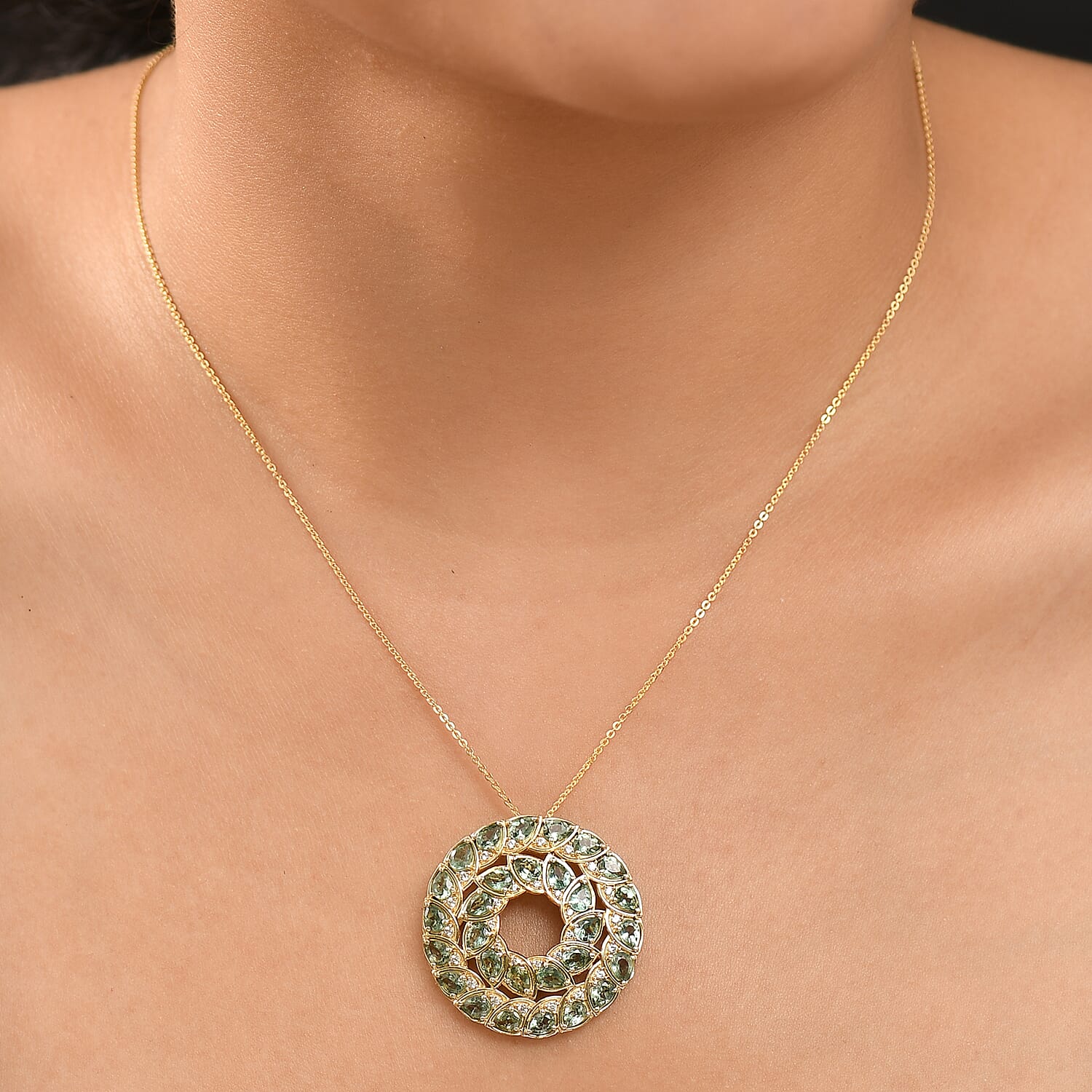 GP Leaf Collection - Green Apatite, White Zircon Pendant with Chain (Size 20) in 18K Vermeil Yellow Gold Over Sterling Silver 5.33 Ct. 4367312 2