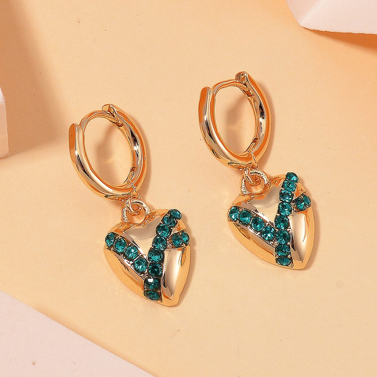 Neon Green Crystal Heart Earrings in Yellow Gold Tone 7851371 1
