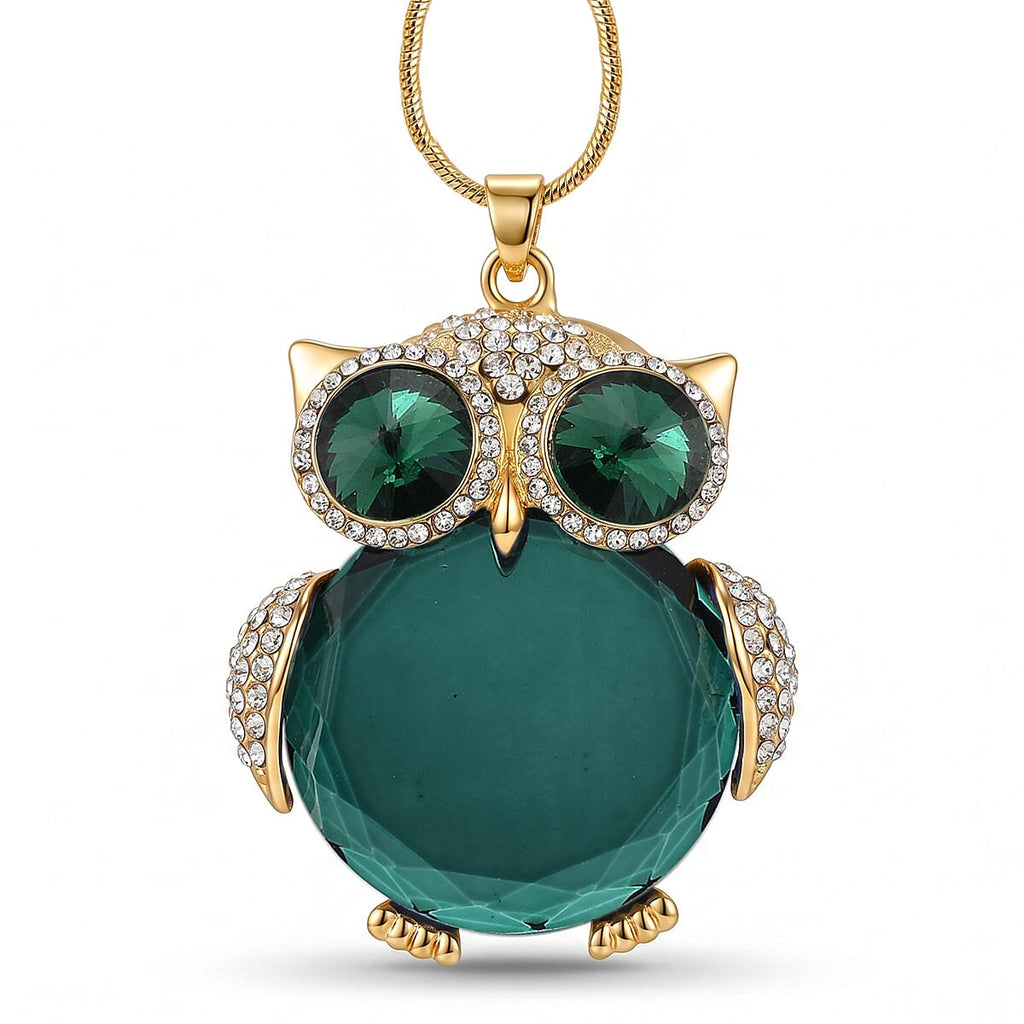 Green & White Crystal Owl Pendant With Snake Necklace (Size - 28-2 Ext) With Lobster Clasp