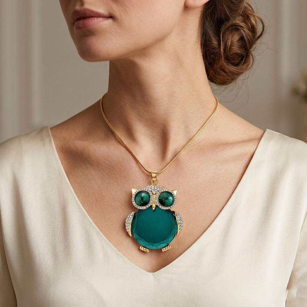 Green & White Crystal Owl Pendant With Snake Necklace (Size - 28-2 Ext) With Lobster Clasp
