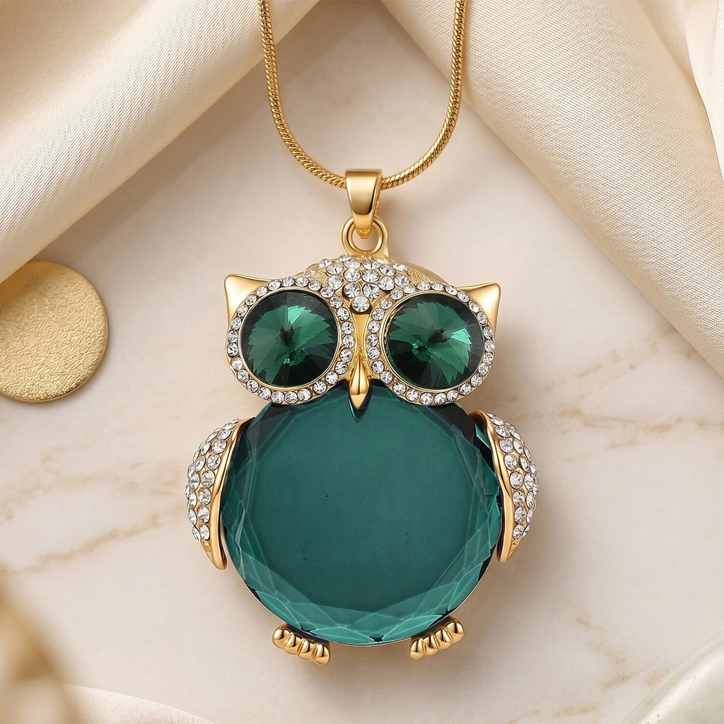 Green & White Crystal Owl Pendant With Snake Necklace (Size - 28-2 Ext) With Lobster Clasp